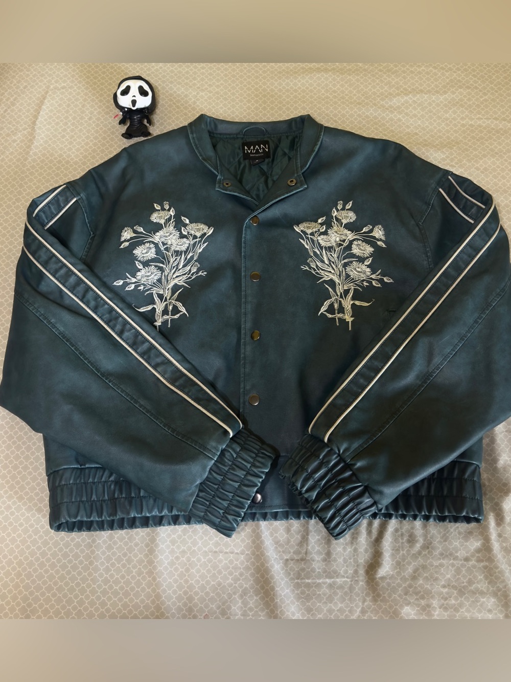 Embroidered Floral Bomber Jacket in Forest Green
